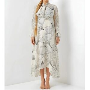 COS Scarf-Detail Maxi Dress Size 14 Cream Abstract Art To Wear Flowy Viscose